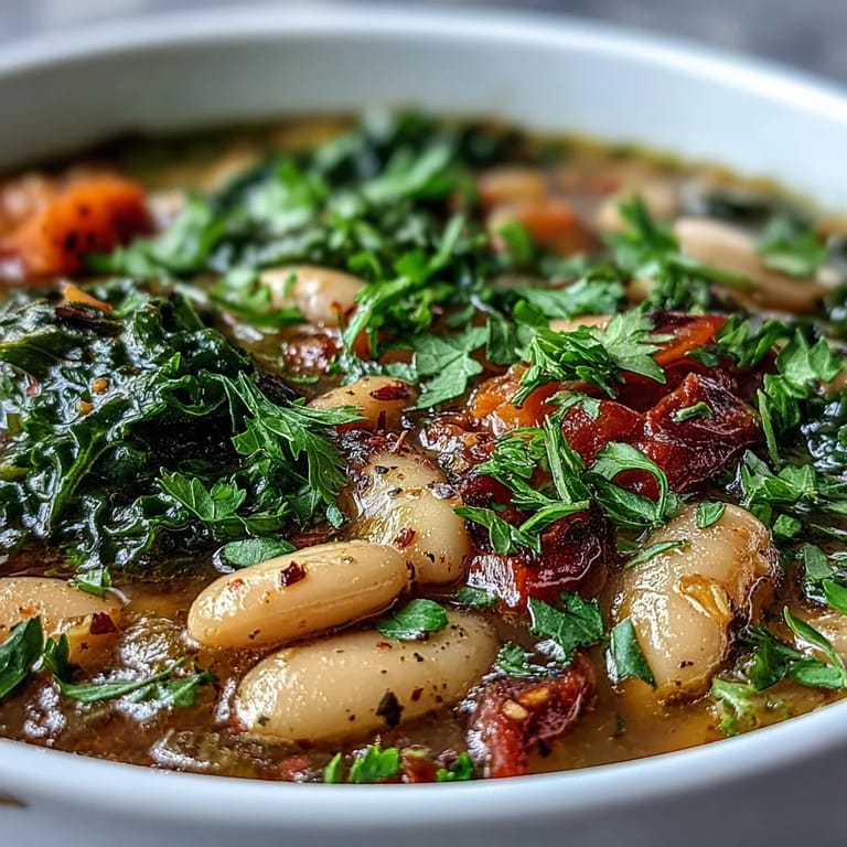 Hearty Mediterranean White Bean Stew ladled into rustic bowls, ready to serve with crusty bread.