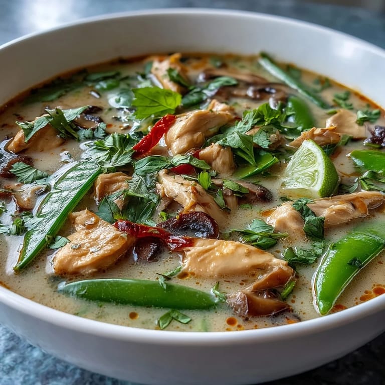 Steaming Thai Chicken Coconut Curry Soup with tender chicken pieces, sliced mushrooms, and vibrant red bell peppers.
