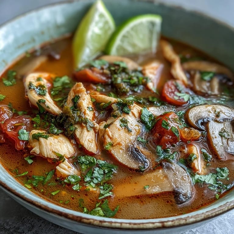 Hot Tom Yum Gai soup in a rustic bowl, showcasing sliced tomatoes and aromatic Thai chiles.