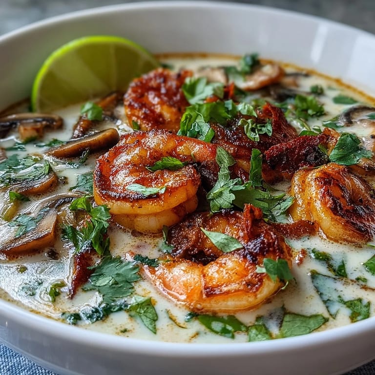 Thai Coconut Shrimp Soup served in a white bowl with a spoon alongside jasmine rice.