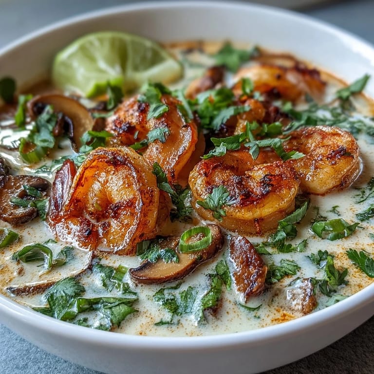Close-up of Thai Coconut Shrimp Soup featuring plump shrimp and mushrooms in creamy broth.