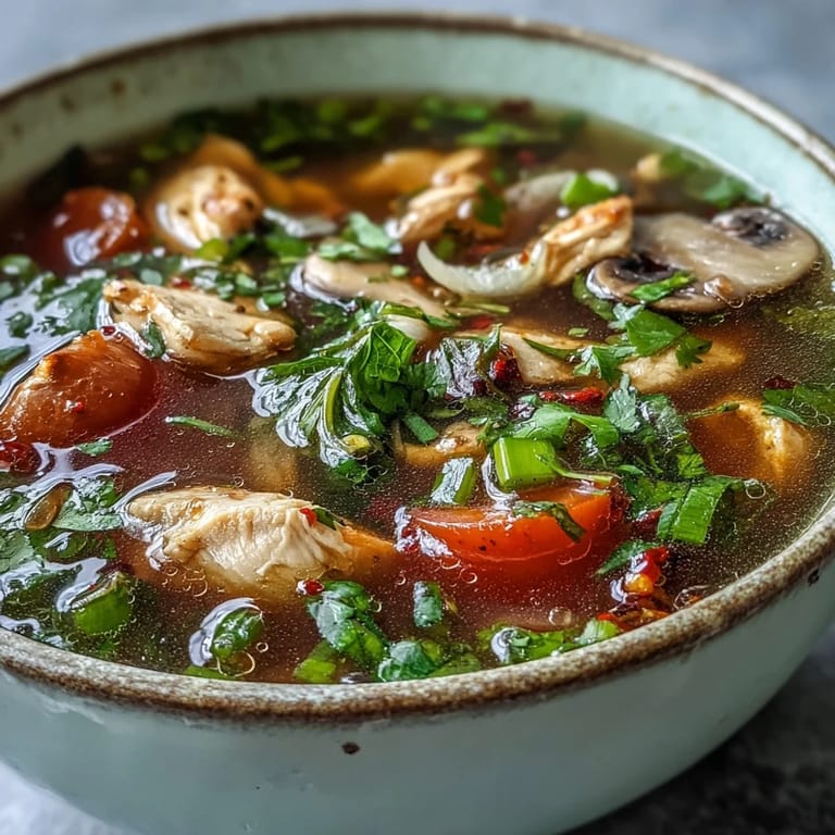 A close-up of spicy Tom Yum Chicken broth with crushed bird's eye chilies, lemongrass, and vibrant herbs, ready to serve.