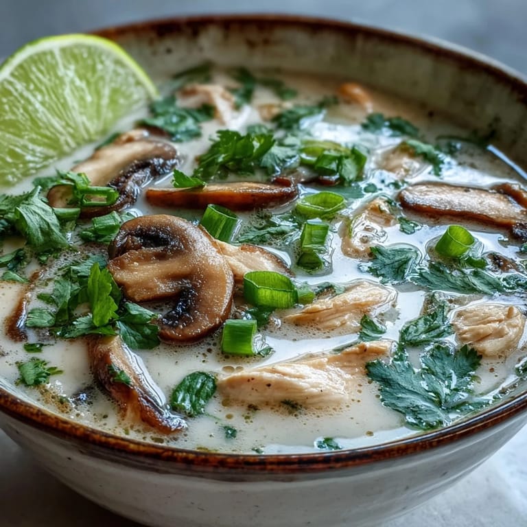 Aromatic Authentic Tom Kha Gai served hot with jasmine rice and sliced chilies.