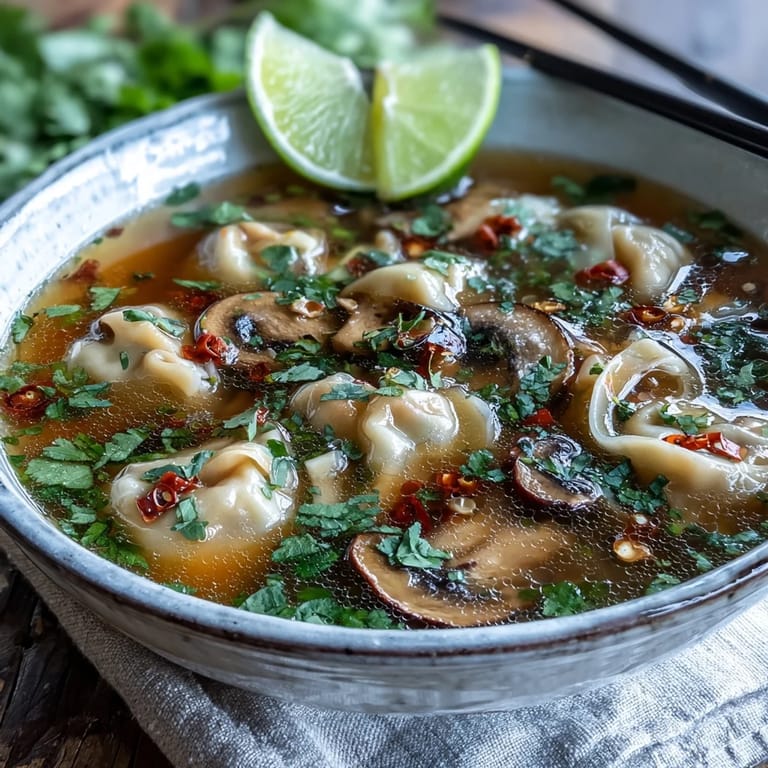 A close-up of Tom Yum Wonton Soup garnished with cilantro and chili oil, served beside fluffy jasmine rice.