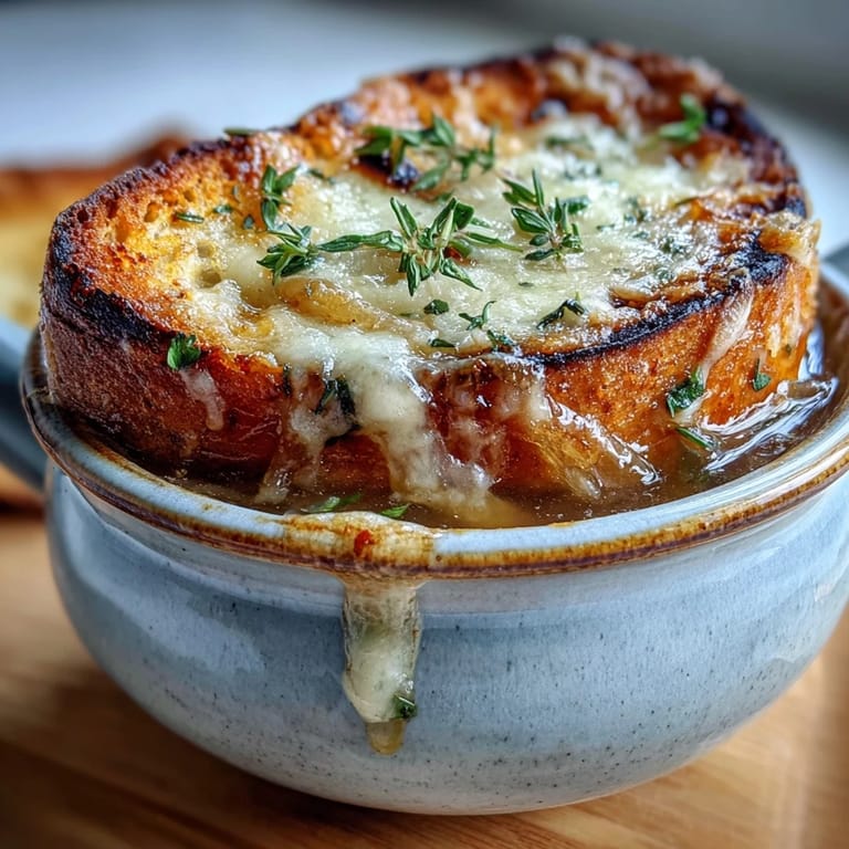 Melted Gruyère blankets French Onion Soup and toasted bread in a broiler-safe bowl.