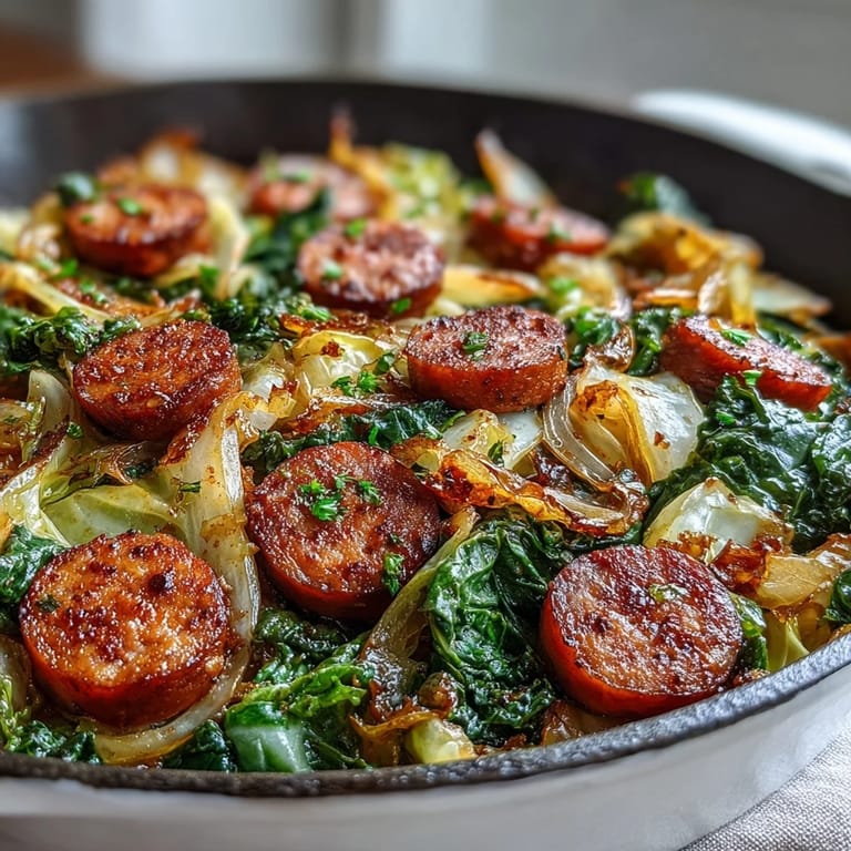 A savory one-pan Smothered Cabbage With Sausage Skillet, garnished with fresh thyme and red pepper flakes.