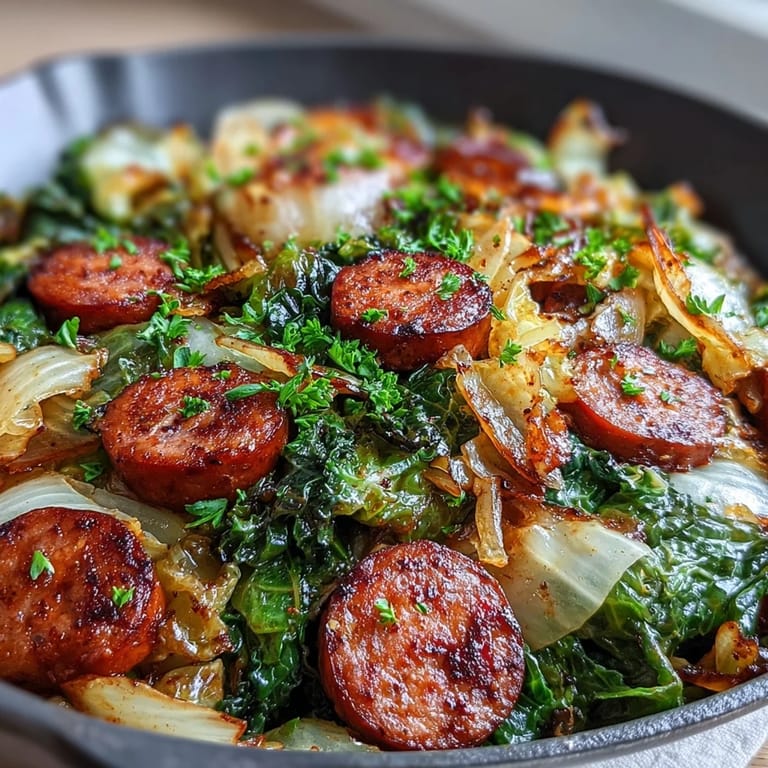 Sizzling Smothered Cabbage With Sausage Skillet served over creamy mashed potatoes for a hearty Southern dinner.