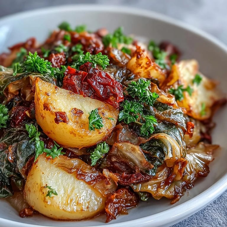 Comforting Braised Cabbage With Potatoes and Chili on a plate with lemon wedges, perfect for a vegetarian dinner.