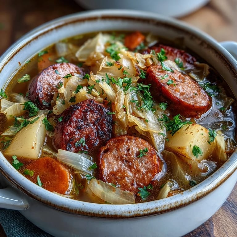 A steaming bowl of Sausage, Potato and Cabbage Soup, featuring tender potatoes and kielbasa slices, served with crusty bread on the side.