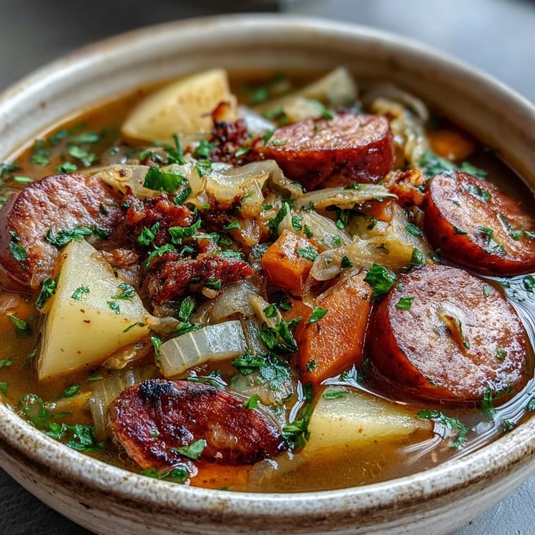 Sliced smoked sausage, diced potatoes, and chopped green cabbage simmer in a rich golden broth for this Sausage, Potato and Cabbage Soup.