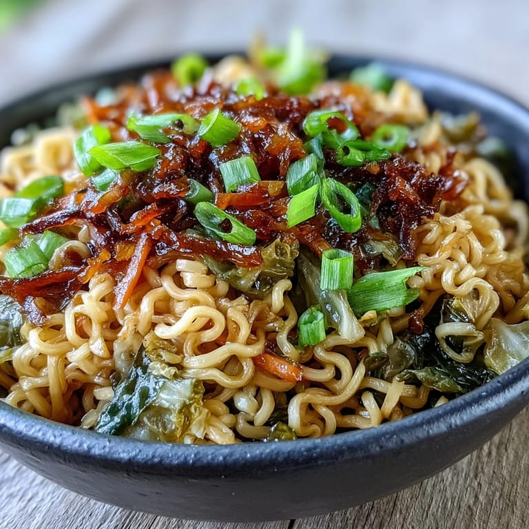 Tender cabbage and chewy ramen noodles in a skillet, ready to serve for an easy weeknight dinner.