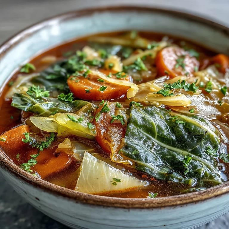 Serving of Classic Cabbage Soup paired with crusty rye bread, ready for a cozy vegetarian lunch or dinner.