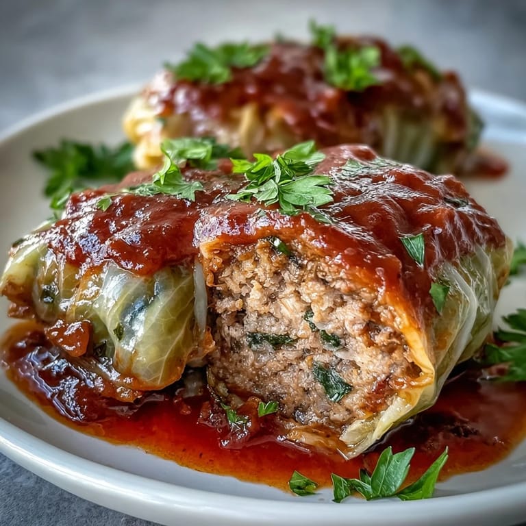Tender cabbage rolls filled with savory meat and rice, arranged on a plate with fresh parsley garnish.