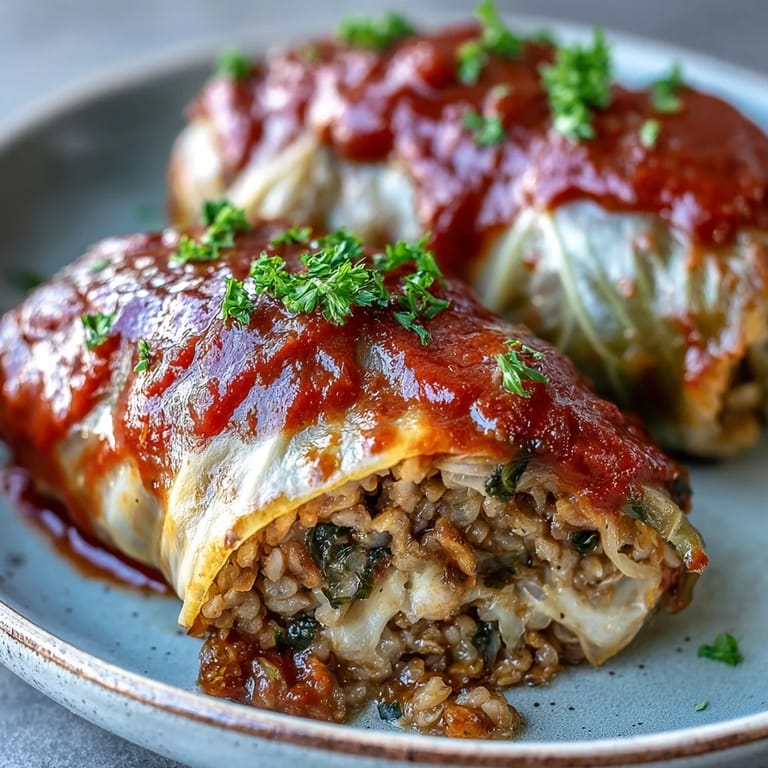 Close-up of a forkful of Baked Vegan Cabbage Rolls, revealing the hearty lentil, brown rice, and herb filling.
