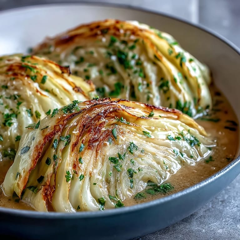 A spoon lifts a wedge of Herby Cabbage in Parmesan Broth, showing the creamy, cheesy broth.