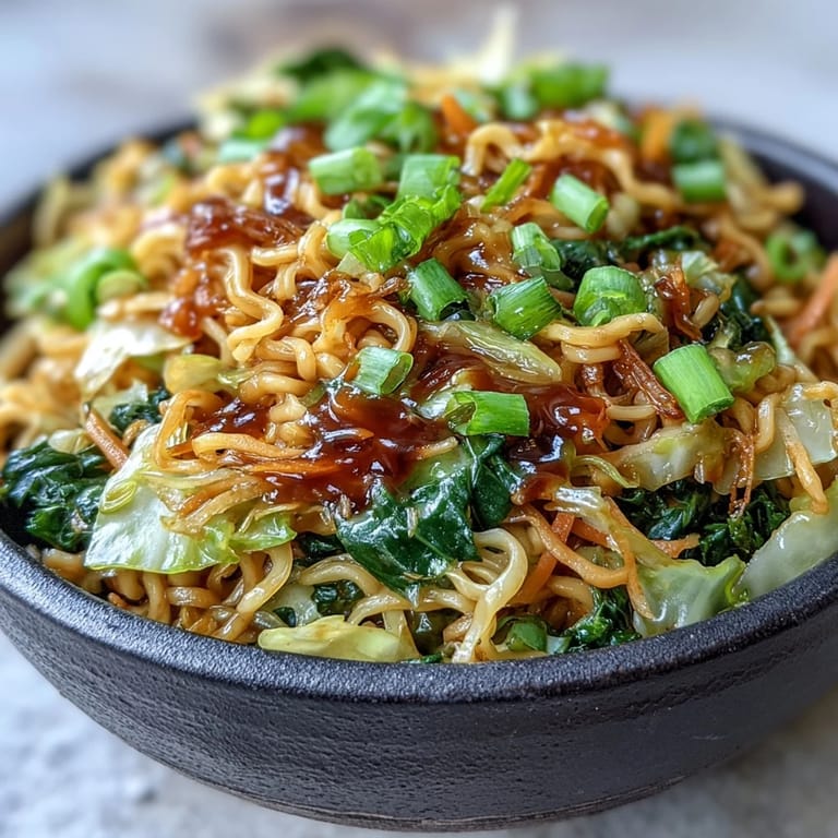 Savory fried cabbage ramen garnished with fresh green onions and sesame seeds, perfect for a quick meal.