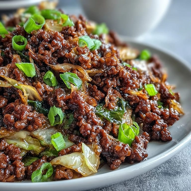 Steam rising from a freshly cooked Chinese Ground Beef and Cabbage Stir-Fry, highlighting the rich brown sauce coating the shredded cabbage.