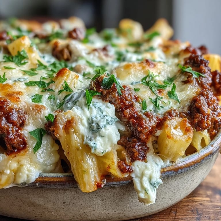 Fork-ready Cottage Cheese Protein Pasta Bake with Ground Beef sits in a ceramic dish, garnished with parsley and paired with a crisp side salad.