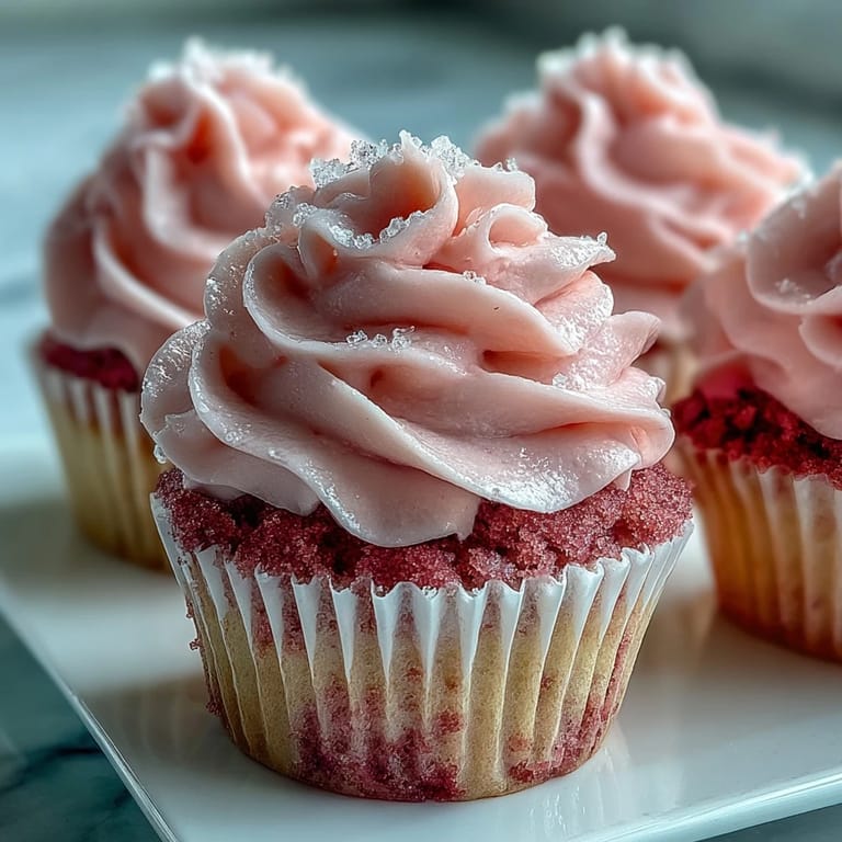 Freshly baked Pink Velvet Cupcakes with fluffy vanilla buttercream frosting, resting on a wire cooling rack to cool completely.
