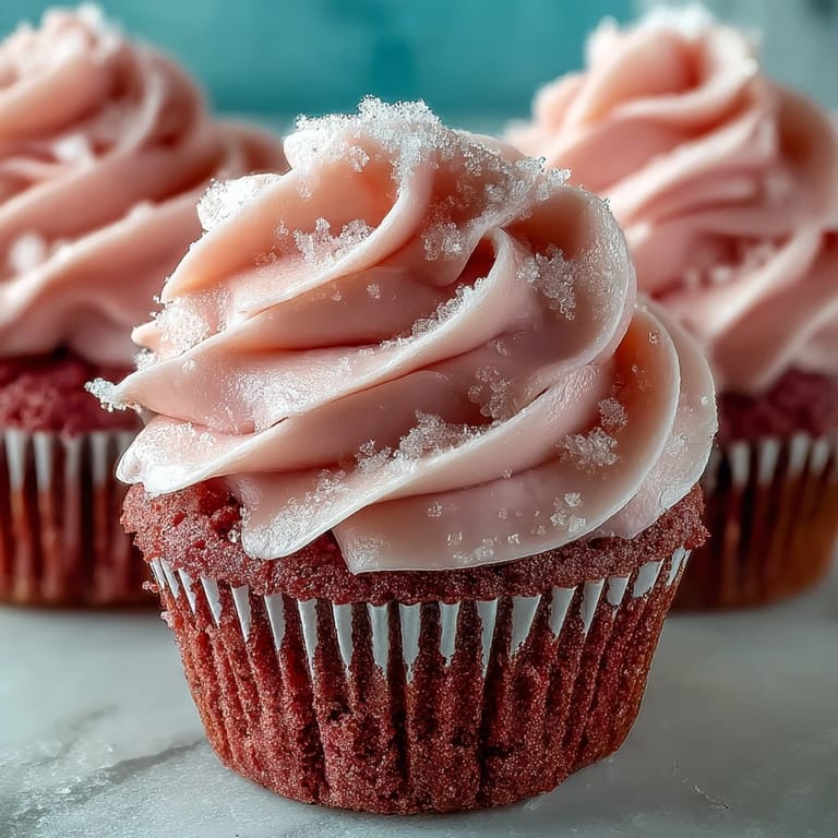 Fluffy Pink Velvet Cupcakes with swirls of vanilla buttercream frosting, decorated with edible pearls and colorful sprinkles on top.
