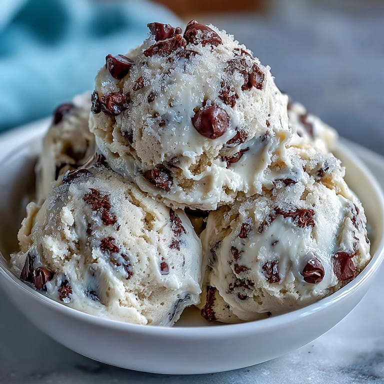 A chilled bowl of Greek Yogurt Cookie Dough is topped with chocolate chips, ready for a safe-to-eat treat.