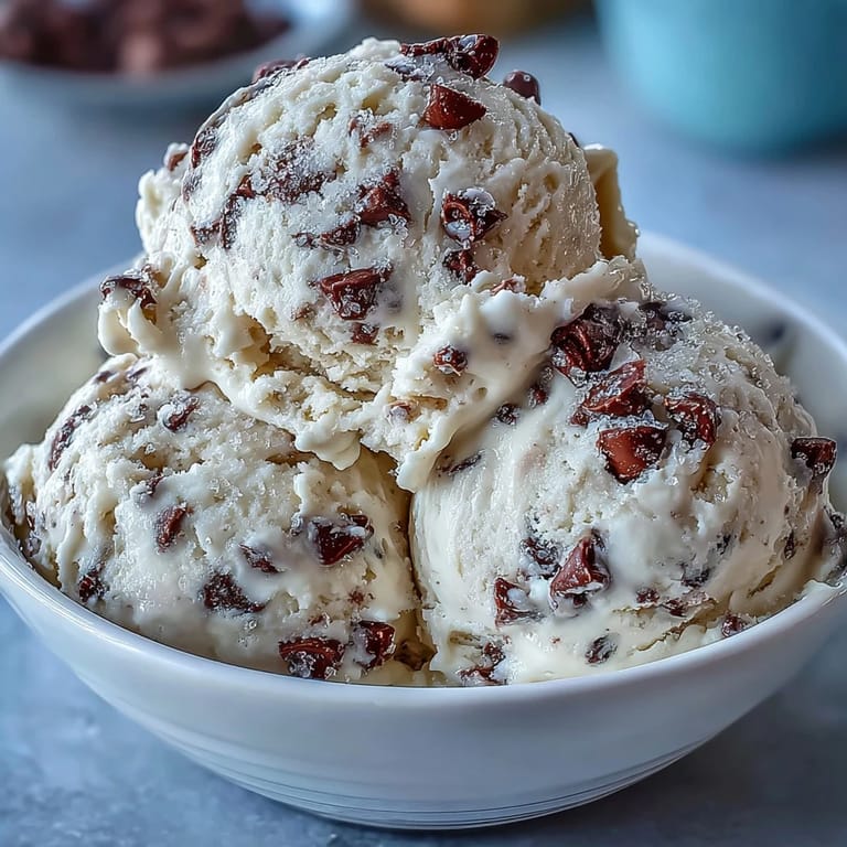 Freshly mixed Greek Yogurt Cookie Dough is packed with mini chocolate chips, perfect for scooping and serving.