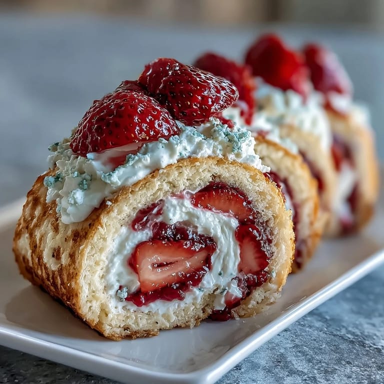 Close-up of sliced Strawberry Shortcake Sushi Roll reveals delicate crepe layers, whipped cream, and ruby strawberries, perfect for a whimsical dessert platter.