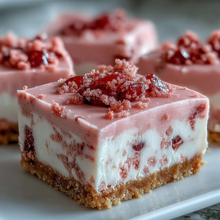 A close-up of No-Bake Strawberry Fudge Squares on a chilled plate, garnished with freeze-dried strawberry pieces.