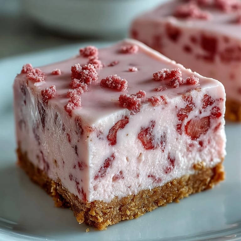 Vibrant pink squares of No-Bake Strawberry Fudge Squares stacked high, showcasing the creamy white chocolate and crunchy crust.