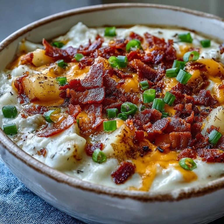 Warm bowl of Loaded Potato Soup served with crusty bread on the side, garnished with extra cheese and bacon bits.