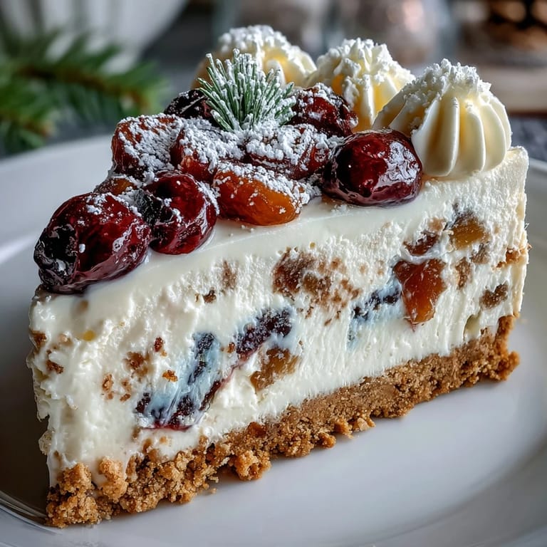 Christmas Cheesecake Slab topped with fluffy whipped cream, bright dried cranberries, and a dusting of powdered sugar.