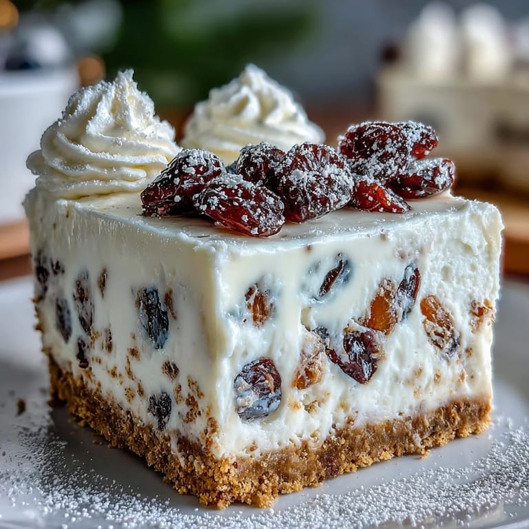 A festive square of Christmas Cheesecake Slab featuring spiced cream cheese filling and a crunchy biscuit base.