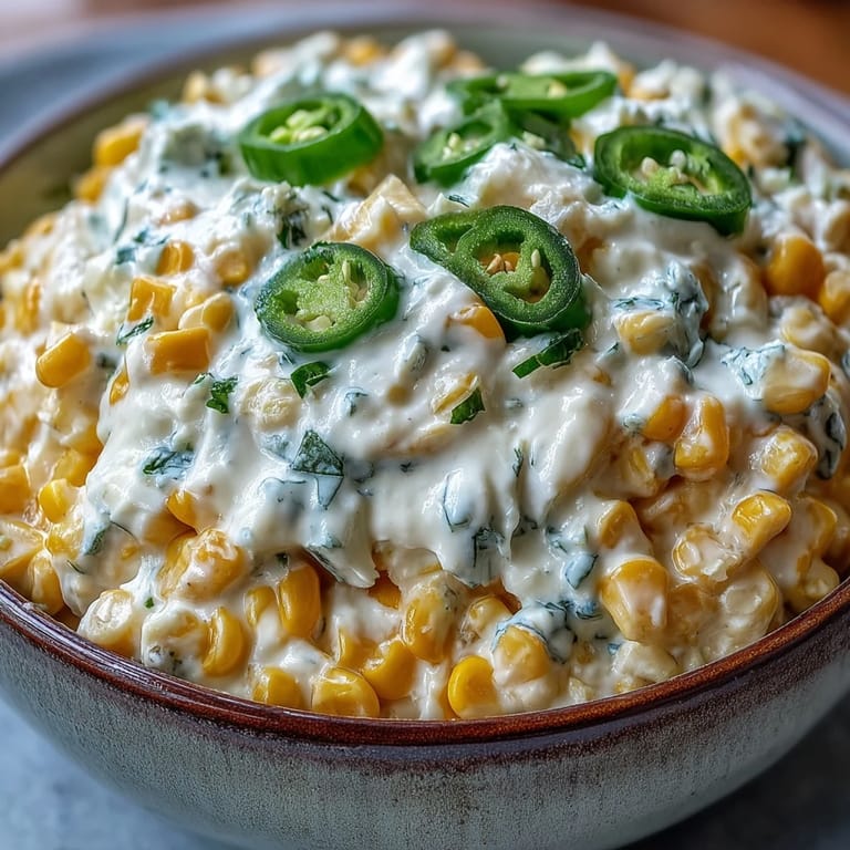 Crack Corn Dip in a white dish, baked until golden and bubbling, garnished with fresh jalapeños and green onions for a spicy, savory snack.