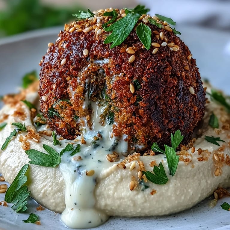 Falafel Bowl with golden falafel over hummus and tzatziki, topped with fresh greens, cucumber, and cherry tomatoes.