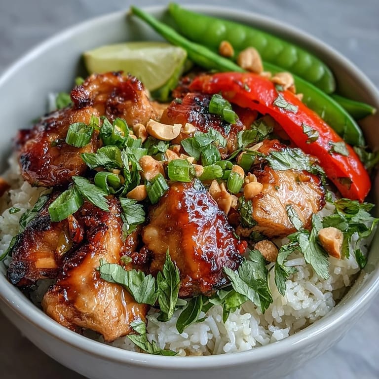 A freshly prepared Thai Chicken Coconut Bowl served with crunchy vegetables and fresh herbs for a flavorful meal.