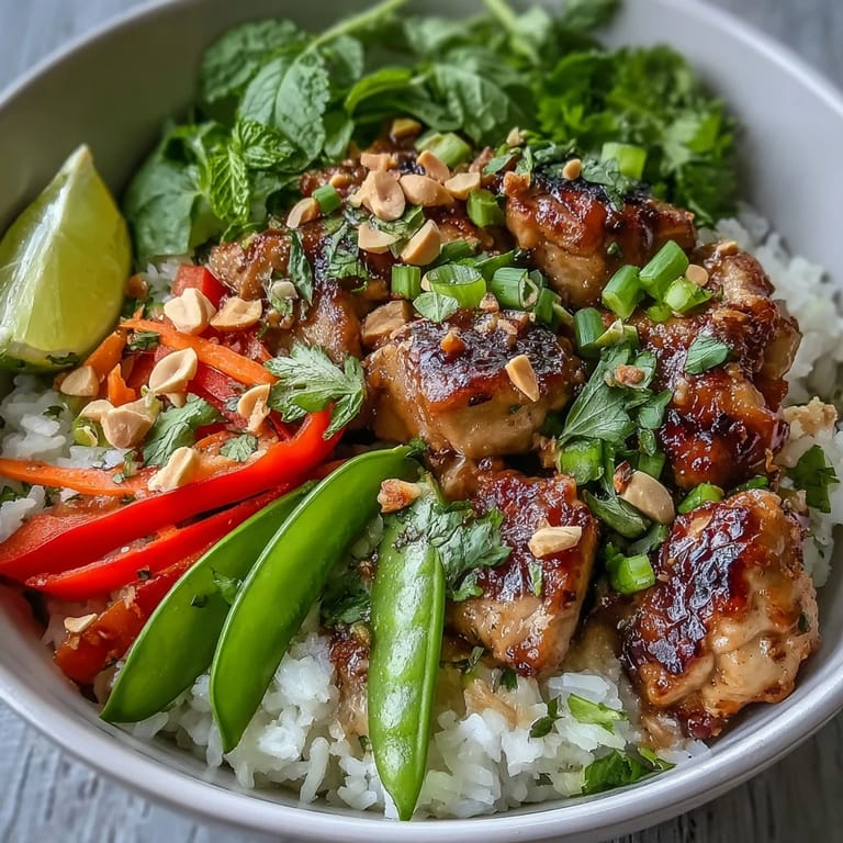 A close-up of a Thai Chicken Coconut Bowl with creamy coconut rice, juicy chicken, and vibrant red peppers.