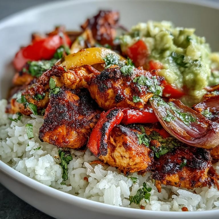 Colorful Sheet Pan Chicken Tinga Bowl topped with chunky avocado salsa and fresh lime wedges.