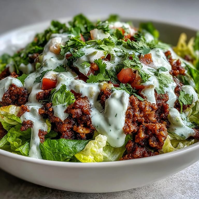 A vibrant, deconstructed Healthy Taco Bowl featuring warm, spiced ground beef over crunchy lettuce, bright veggies, and a drizzle of zesty lime crema.