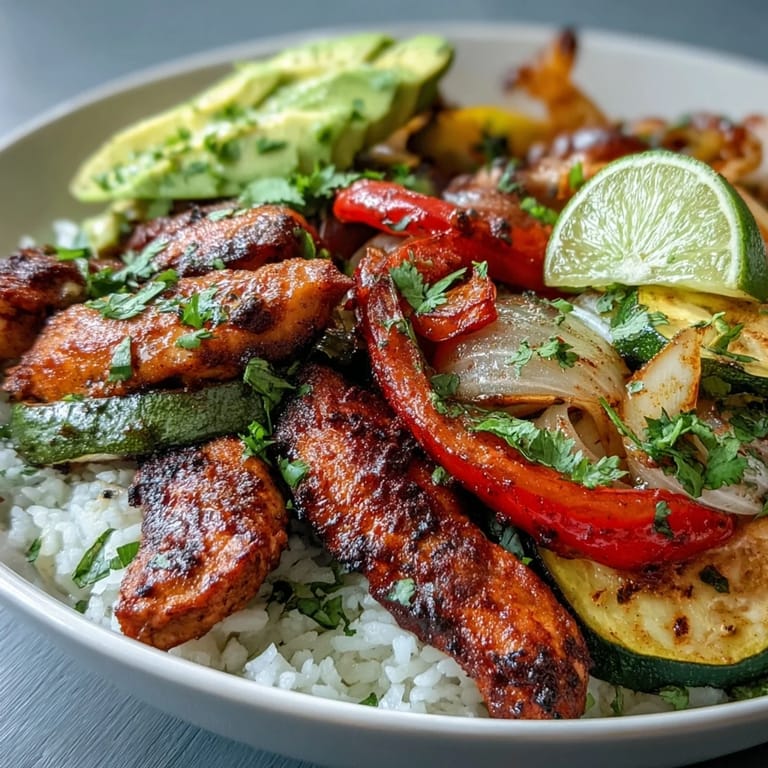 Close-up of a fork lifting tender chicken and charred vegetables from a delicious Sheet Pan Fajita Bowl.