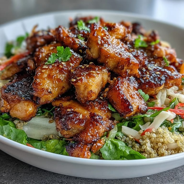 The vibrant bowl features a crunchy red cabbage slaw and a drizzle of tangy hot honey mustard dressing.