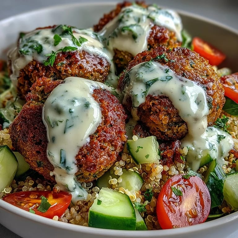 The Falafel Quinoa Salad Bowl features crisp quinoa and fresh veggies, ready for a drizzle of creamy garlic tahini sauce.
