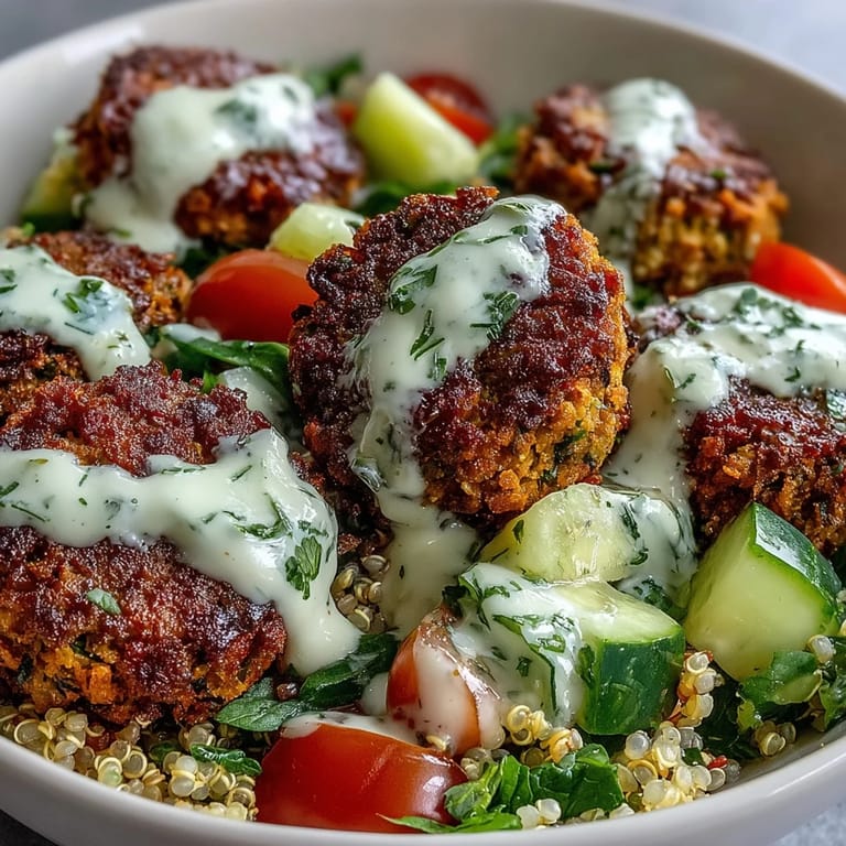 Enjoy this healthy Falafel Quinoa Salad Bowl, a vibrant Middle Eastern-inspired meal served with a side of warm pita bread.