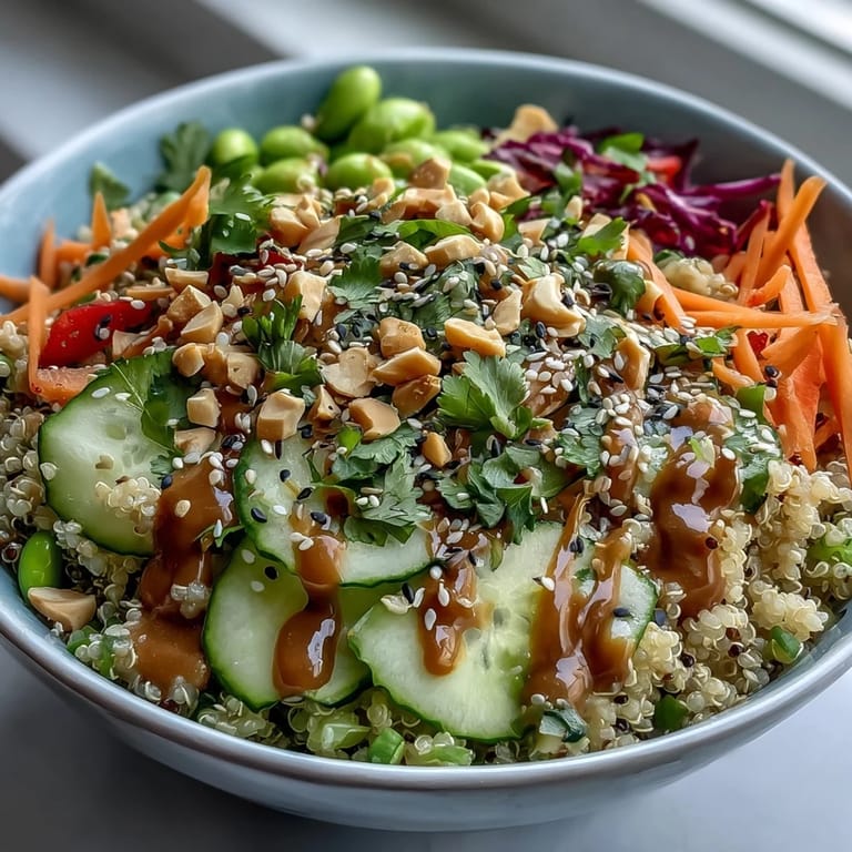A close-up of a nourishing Thai Coconut Quinoa Bowl featuring fluffy quinoa, crisp cucumber slices, edamame, and sesame seeds ready to be enjoyed.