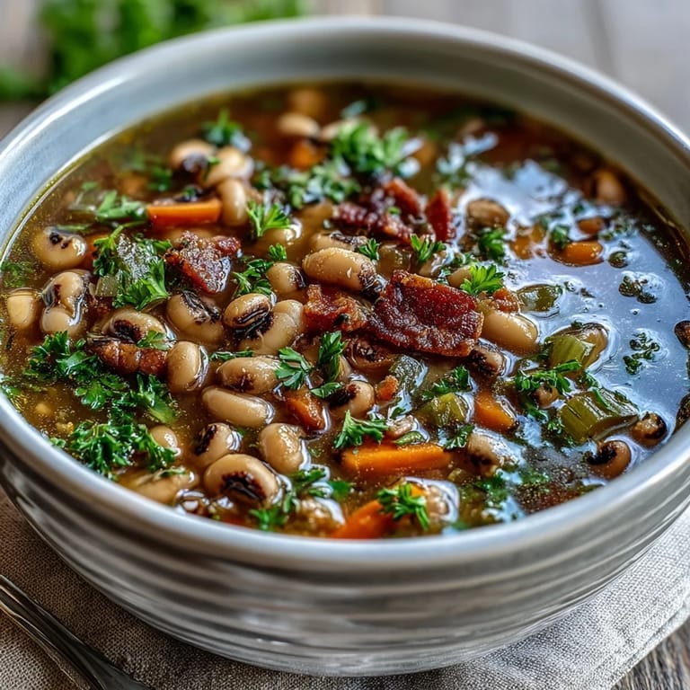 Southern-style Black-Eyed Peas and Bacon Soup served with cornbread on the side.