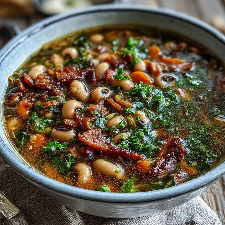Hearty Black-Eyed Peas and Bacon Soup ladled into a rustic bowl, steam rising.