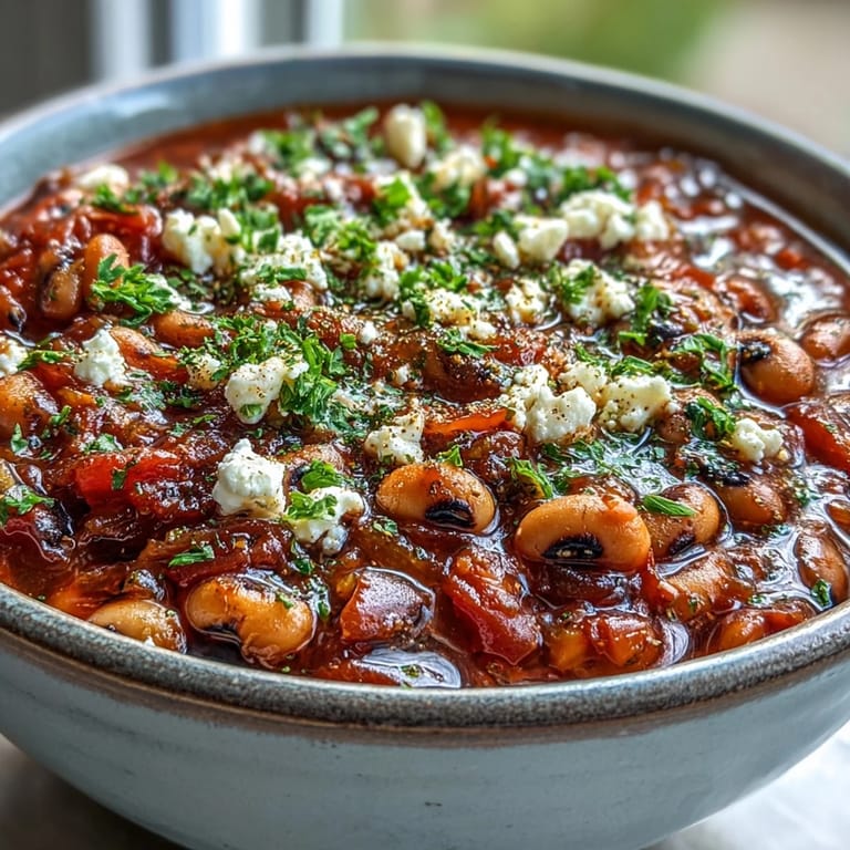Freshly garnished Greek-Style Slow Cooker Black-Eyed Peas topped with crumbled feta, chopped parsley, and lemon wedges.
