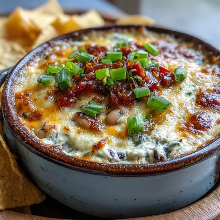 Hot Black-Eyed Pea Dip served warm in a dish, surrounded by colorful vegetable sticks and crispy chips for dipping.