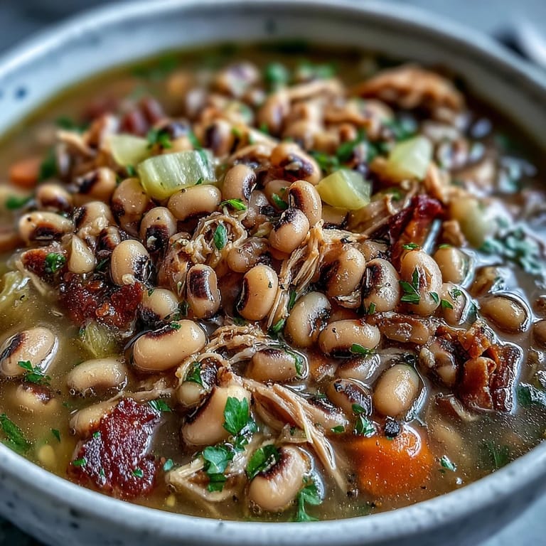 Hearty Southern Black-Eyed Peas With Smoked Turkey stew garnished with fresh parsley, served hot in a rustic bowl. 
