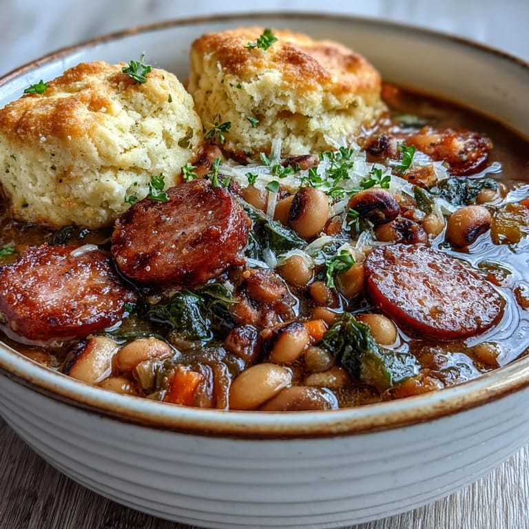 Close-up of Black-Eyed Peas and Sausage Dumplings, revealing tender dumplings in a rich, hearty Southern stew.