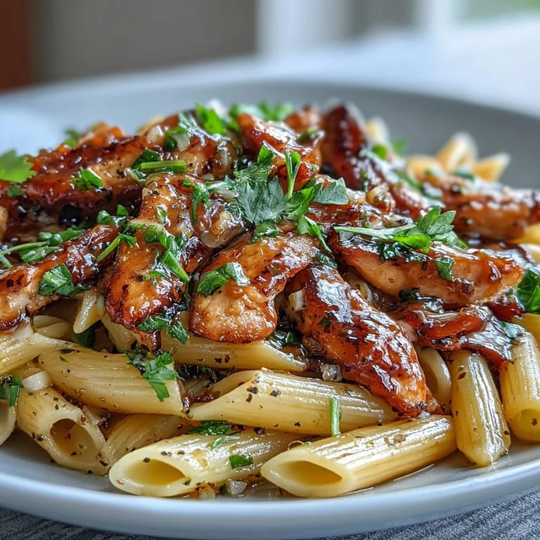 A close-up of sizzling Honey Pepper Chicken Pasta, showing golden-brown chicken strips and penne tossed in a dark, sticky honey-pepper glaze.
